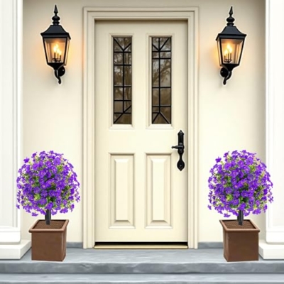 Product: 22.8" Set of 2 Fall Artificial Boxwood Topiary Ball Trees with Spikes,UV Resistant Fake Outdoor shrubs with Violet Flowers, Realistic Faux Plants Bushes for Garden Porch Yard Patio Decor(Purple)