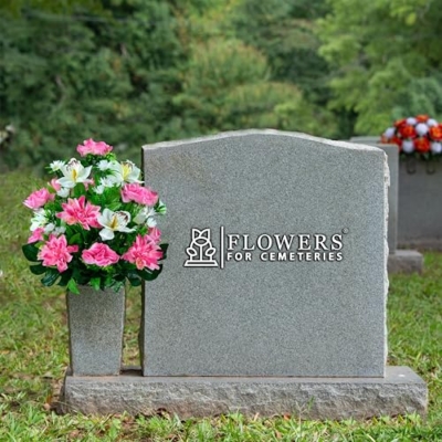 Product: Sympathy Silks Artificial Cemetery Flowers - Outdoor Grave Decorations - (1) Pink Dahlia Pink Rose with White Orchid Mix Bouquet