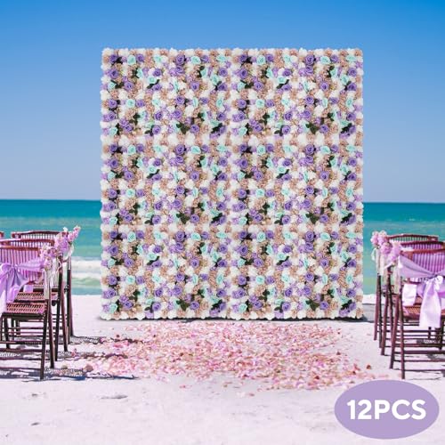 Product: JLYNOWPT 12 Pcs Artificial Flower Wall Panel, 15.7"x 23.6" Flower Wall Panel Backdrop with Grid Clip Connection Purple, Light Blue, White, Pink, Green 3D Silk Rose, Dahlia Floral Panel for Wedding