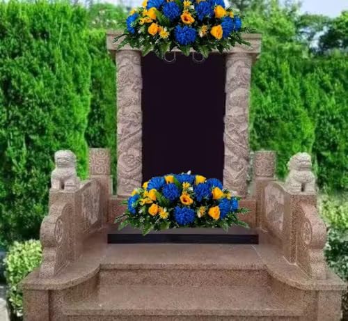 Product: Jucgghk Vivid and Realistic Floral Art Blue Mums and Yellow Roses Artificial Cemetery Saddle,Fathers Day Headstone Saddle for Headstone