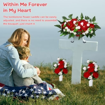 Silky Flower Store Artificial Cemetery Flowers for Grave Headstone Saddle, Red Memorial Floral Arrangement, 3 Piece Set 20.5cm 12 12 Product: Thiccywoov 3 Pcs Artificial Cemetery Flowers for Grave Funeral Headstone Saddle Mum Rose Bouquets with Vase Memorial Flowers for Outdoor Grave Tombstone Cemetery Decoration(Red)