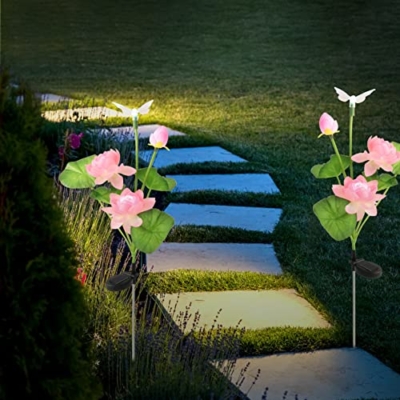 Product: Landscape Lighting LEDs Color-Changing Solar Lotus Flower and Dragonfly for Garden Pathway Decoration