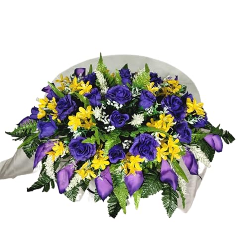 Product: Purple Calla Lilies Headstone Saddle, Roses Yellow Filler Silk Grave Flowers for Perfect Cemetery Decoration Garland for Table Centerpiece Holiday Party Weddi