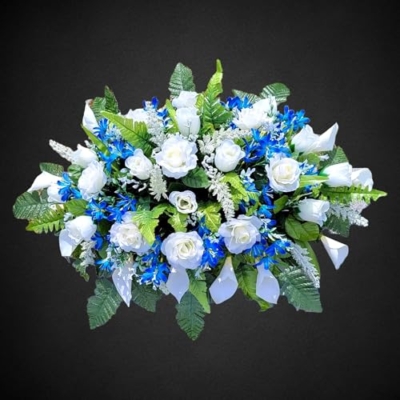 Product: Cream Calla Lilies Headstone Saddle, Roses Royal Blue Filler Grave Flowers for Perfect Cemetery Decoration Garland for Table Centerpiece Holiday Party Weddi