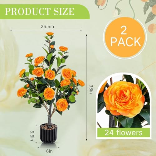 Product: Enhance Your Space with Lifelike Artificial Camellia Tree Set (2-Pack) – Vibrant Orange Blooms, Greenery in Pot for Indoor/Outdoor Decor, Modern Office & Home Accents