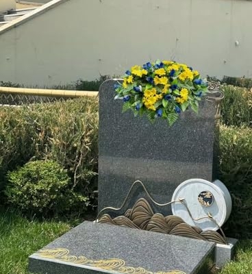 Product: Jucgghk Vivid and Realistic Floral Art 22-24" Blue Roses and Yellow Daisies Cemetery Saddle, Headstone Saddle Arrangement,Memorial Flowers for Grave Tombstone Decorations
