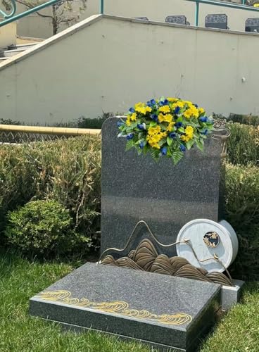 Product: Jucgghk Vivid and Realistic Floral Art 22-24" Blue Roses and Yellow Daisies Cemetery Saddle, Headstone Saddle Arrangement,Memorial Flowers for Grave Tombstone Decorations