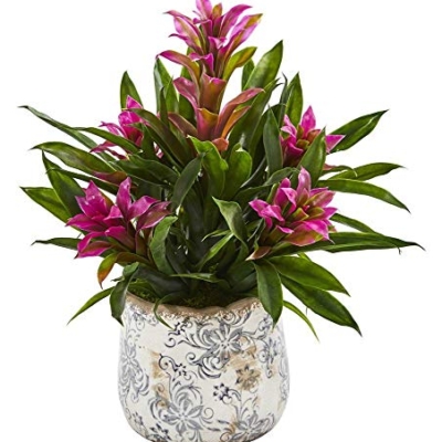 Product: Nearly Natural 18in. Bromeliad Artificial Floral Vase Silk Plants, Purple