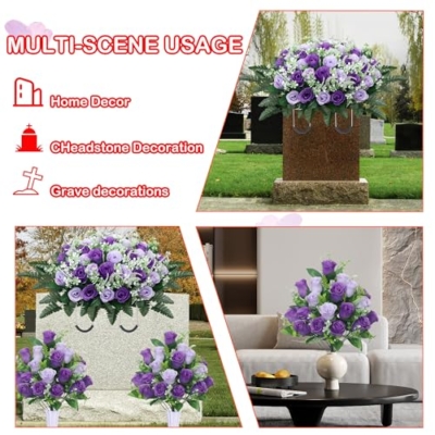 Product: LOSFOTBO 3pcs Headstone Flowers Saddle for Tombstone,Cemetery Flower Memorial Bouquet with Vase,Rose Headstone Flowers Saddle (Purple)