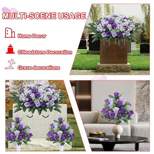 Product: LOSFOTBO 3pcs Headstone Flowers Saddle for Tombstone,Cemetery Flower Memorial Bouquet with Vase,Rose Headstone Flowers Saddle (Purple)