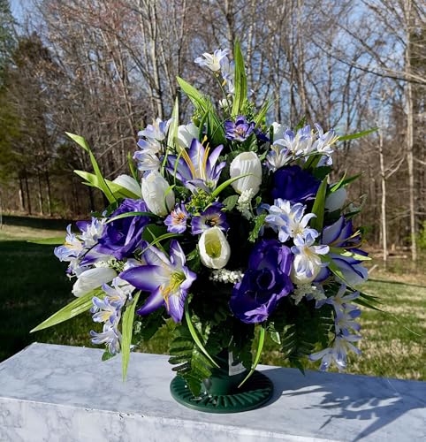 Product: Jucgghk Vivid and Realistic Floral Art 24" White, Purple Cemetery Flowers,Beautiful Artificial Flower Bouquets for Cemetery Graveyard Headstones Decor