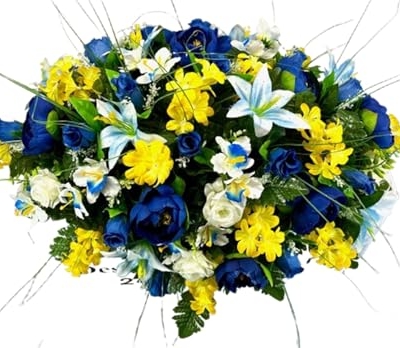 Product: Jucgghk Vivid and Realistic Floral Art 30" Artificial Cemetery Flowers,Realistic Vibrant Flowers, Outdoor Grave Decorations for Headstone(Yellow,Blue)