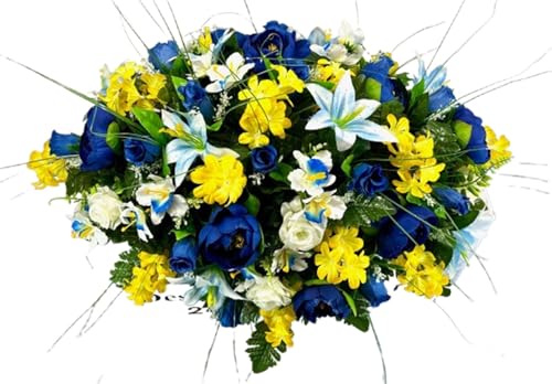 Product: Jucgghk Vivid and Realistic Floral Art 30" Artificial Cemetery Flowers,Realistic Vibrant Flowers, Outdoor Grave Decorations for Headstone(Yellow,Blue)