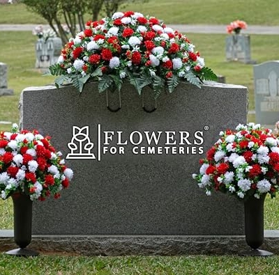 Product: Sympathy Silks Artificial Cemetery Flowers - Grave Decorations Winter Memorial - Christmas Red and White Mums saddle for headstone