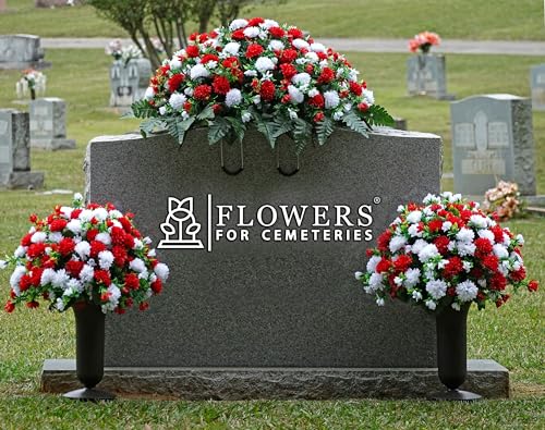 Product: Sympathy Silks Artificial Cemetery Flowers - Grave Decorations Winter Memorial - Christmas Red and White Mums saddle for headstone