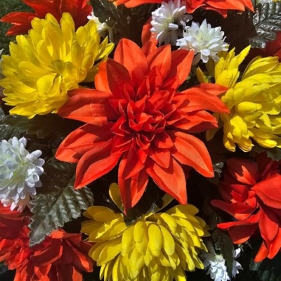 Silky Flower Store Orange Dahlia Yellow Mum Headstone Saddle, Artificial Cemetery Grave Flower Arrangement, Funeral Memorial Decoration, 35x26in 4 4 Product: Yellow Mum Headstone Saddle, Orange Dahlia Headstone Saddle for Funeral or Cemetery Memorial Decoration Garland for Table Centerpiece Holiday Party Weddi