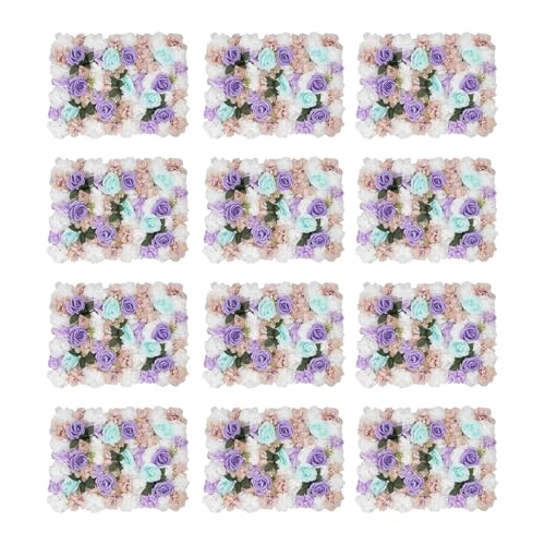 Product: JLYNOWPT 12 Pcs Artificial Flower Wall Panel, 15.7"x 23.6" Flower Wall Panel Backdrop with Grid Clip Connection Purple, Light Blue, White, Pink, Green 3D Silk Rose, Dahlia Floral Panel for Wedding