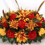 Product: Hshan Red and Yellow Handcrafted Fall Mixture Cemetery Flower Arrangement, Beautiful Cemetery Saddle Flowers for Remembrance Memorial Flowers Outdoor Memorial Decorations ﻿ Gravesite Flower