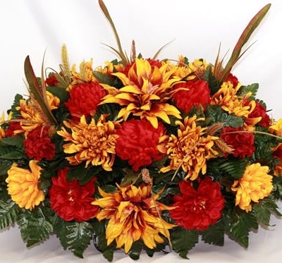 Product: Hshan Red and Yellow Handcrafted Fall Mixture Cemetery Flower Arrangement, Beautiful Cemetery Saddle Flowers for Remembrance Memorial Flowers Outdoor Memorial Decorations Gravesite Flower