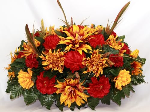 Product: Hshan Red and Yellow Handcrafted Fall Mixture Cemetery Flower Arrangement, Beautiful Cemetery Saddle Flowers for Remembrance Memorial Flowers Outdoor Memorial Decorations ﻿ Gravesite Flower
