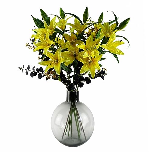 Silky Flower Store Artificial Golden Lily Faux Flower Stems, Leaf Design, 3 Blooms and Bud, Decorative Silk Flowers 20.5cm 3 3 Product: Leaf Design Artificial Flowers