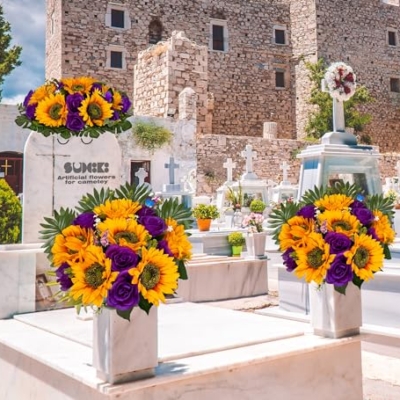 Product: SUHOOKOO Cemetery Flowers for Grave Decor,Silk Sunflower Rose Headstone Flower Saddle, Bright and Colorfast,Purple/Yellow