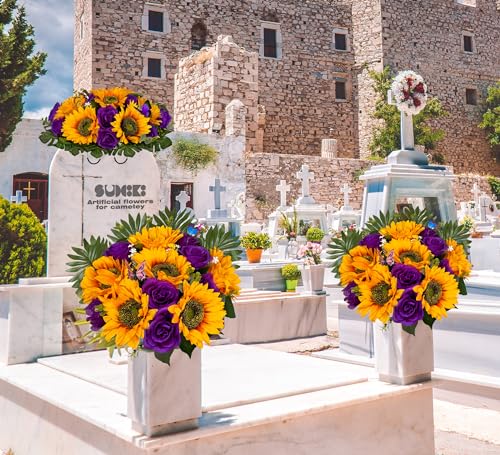 Product: SUHOOKOO Cemetery Flowers for Grave Decor,Silk Sunflower Rose Headstone Flower Saddle, Bright and Colorfast,Purple/Yellow