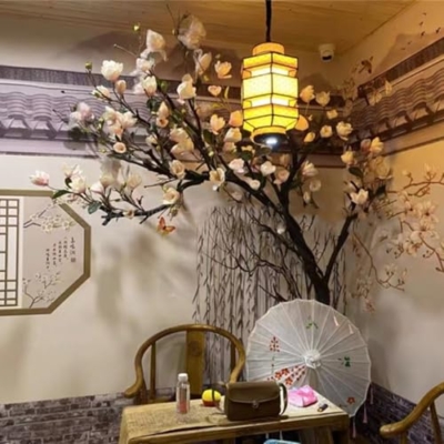 Product: Simulated Magnolia Flowers, Large Artificial Trees and Plants Hotel Interior Living Room Floor-to-Ceiling Window Decoration Floral Customization 3M