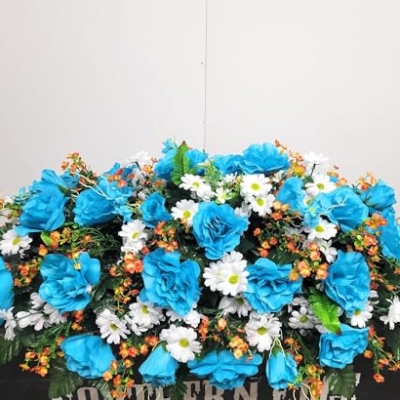 Product: Jucgghk Vivid and Realistic Floral Art 36”Blue Artificial Saddle Flowers, Beautiful Artificial Spring Saddle Flowers for Cemetery Grave Tombstone Decorations