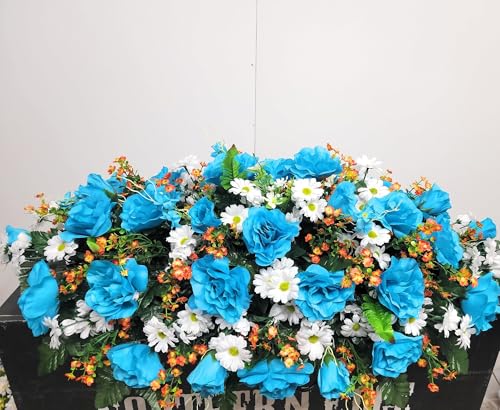 Product: Jucgghk Vivid and Realistic Floral Art 36”Blue Artificial Saddle Flowers, Beautiful Artificial Spring Saddle Flowers for Cemetery Grave Tombstone Decorations