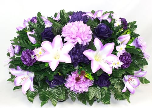 Product: Hshan Pink and Purple Flower Mixture Cemetery Saddle Arrangement, Beautiful Cemetery Flowers for Remembrance Headstone Graves Memorial Day Tombstone