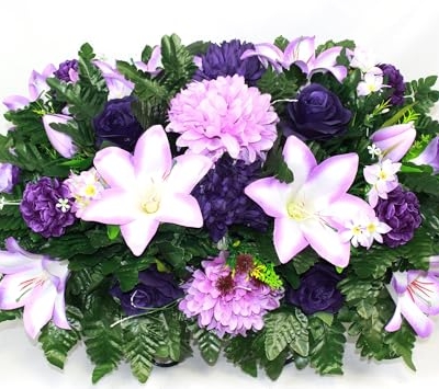 Product: Hshan Pink and Purple Flower Mixture Cemetery Saddle Arrangement, Beautiful Cemetery Flowers for Remembrance Headstone Graves Memorial Day Tombstone