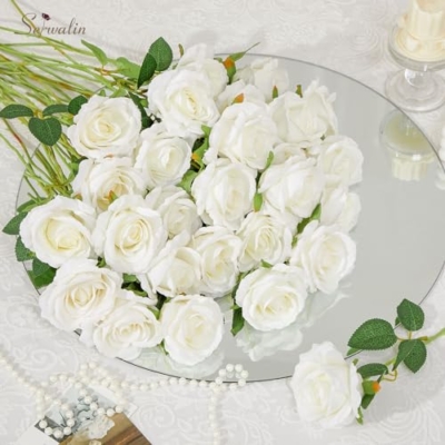 Silky Flower Store Artificial Eucalyptus Stems White Roses Bouquet, Faux Floral Arrangements, Wedding Home Decor, 15in 14 14 Product: Serwalin 100 Pcs Mixed Artificial Eucalyptus Stems & 60 PCS White Roses Artificial Flowers