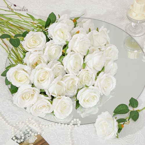 Silky Flower Store Artificial Eucalyptus Stems White Roses Bouquet, Faux Floral Arrangements, Wedding Home Decor, 15in 6 6 Product: Serwalin 100 Pcs Mixed Artificial Eucalyptus Stems & 60 PCS White Roses Artificial Flowers