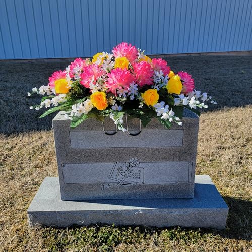 Product: Pink Ball Mums Headstone Saddle, Yellow Roses and Cream Larkspur Grave Flowers for Cemetery for Memorial Decorating Garland for Table Centerpiece Holiday Party Weddi