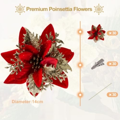 Product: SPORTYOUTH 3ft x 50ft Fence Privacy Screen Black and 30 Pcs Red Gold Poinsettia Artificial Christmas Flowers with Clips Stems