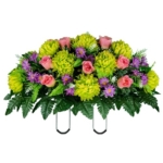 Product: Jucgghk Vivid and Realistic Floral Art Lime Green Mum with Pink Roses and Lavender Daisies Cemetery Saddle, Mothers Day Cemetery Headstone Saddle