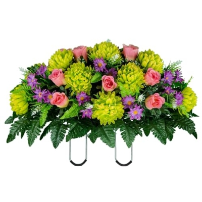 Product: Jucgghk Vivid and Realistic Floral Art Lime Green Mum with Pink Roses and Lavender Daisies Cemetery Saddle, Mothers Day Cemetery Headstone Saddle