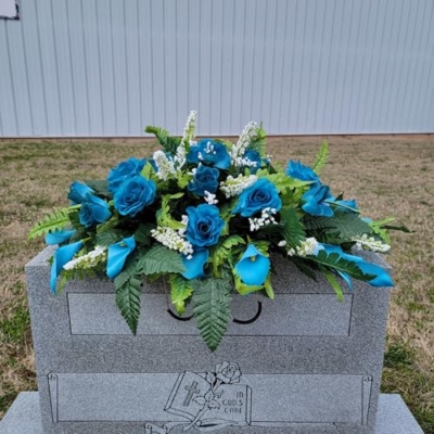 Product: Turquoise Calla Lilies Headstone Saddle and Cemetery Cone Set, Roses Silk Grave Flowers for Commemorating Decoration Garland for Table Centerpiece Holiday Party Weddi