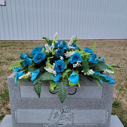 Product: Turquoise Calla Lilies Headstone Saddle and Cemetery Cone Set, Roses Silk Grave Flowers for Commemorating Decoration Garland for Table Centerpiece Holiday Party Weddi
