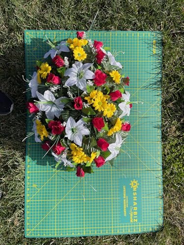 Product: Jucgghk Vivid and Realistic Floral Art Artificial Cemetery Flowers Saddle,White, Yellow and Red Single Headstone Cemetery Saddle for Outdoor Grave Decorations