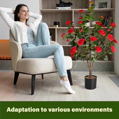 Silky Flower Store Artificial Camellia Tree, Faux Silk Camellia Plant with Planter, Indoor Decorative Faux Greenery, 4.3FT 7 7 Product: Camellia 2 Pack Artificial Fake Tree, 4.3FT Faux Silk Camellia Plant with Planter for Indoor and Outdoor Decoration, Tall Fake Tree for Home, Office, Patio, Balcony, Wedding Decoration