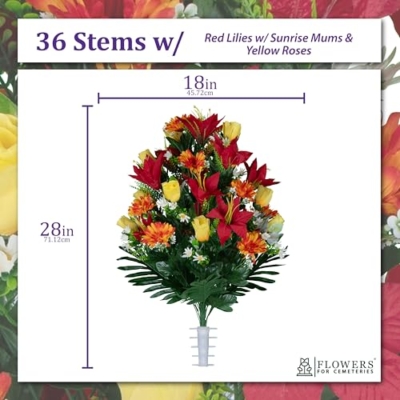 Product: Sympathy Silks Artificial Cemetery Flowers - Gravesite Flowers - Red Lilies with Sunrise Daisies and Yellow Roses - (1) Bouquet