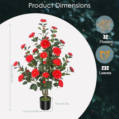 Silky Flower Store Artificial Camellia Tree, 2Pack Red Flowers, Cement Pots, 39.37in 4 4 Product: HanJoy 2Pack 39.37" Artificial Camellia Trees with 32 Red Flowers in Cement Pots – Lifelike Fake Trees for Front Porch, Home, Indoor Outdoor Spring Decor, Office or Housewarming Gifts