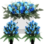Product: 3Pack Artificial Cemetery flowers for grave,Headstone flower saddle Gravesite Decoration Roses Memorial Bouquets with Cemetery Vase for Cemetery Decorations Non-Fading Easy Fit (Blue)