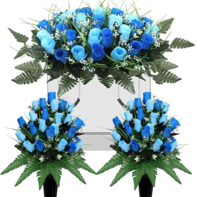 Product: 3Pack Artificial Cemetery flowers for grave,Headstone flower saddle Gravesite Decoration Roses Memorial Bouquets with Cemetery Vase for Cemetery Decorations Non-Fading Easy Fit (Blue)