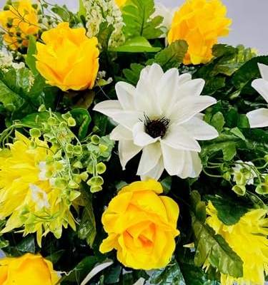 Product: Jucgghk Vivid and Realistic Floral Art Artificial Yellow and White Cemetery Saddle, Beautiful Headstone Saddle, Saddle, Sympathy Flowers for Grave Tombstone Decorations(Yellow)