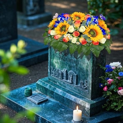 Product: Naramiji Artificial Cemetery Flowers for Grave Decoration: Sympathy & Memorial Bouquets with Headstone Saddle – Sunflower, Rose, Cattleya – Fade-Resistant