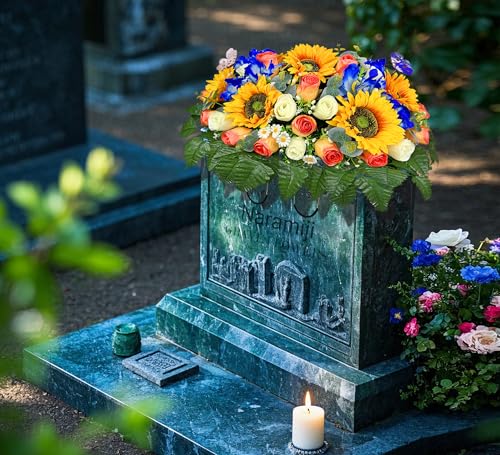 Product: Naramiji Artificial Cemetery Flowers for Grave Decoration: Sympathy & Memorial Bouquets with Headstone Saddle – Sunflower, Rose, Cattleya – Fade-Resistant