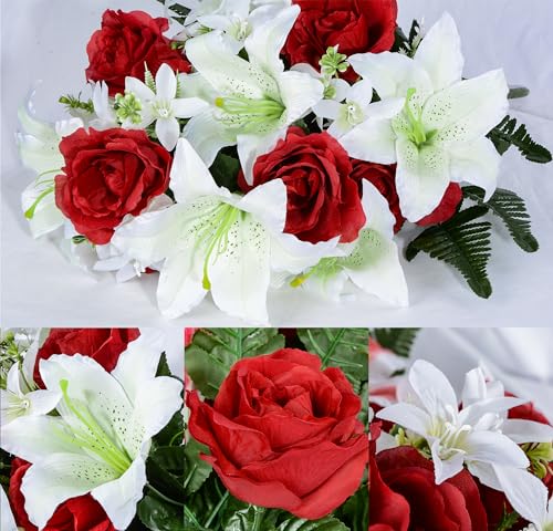 Product: XONOR Artificial Cemetery Flower Saddles, Cemetery Memorial Flowers with Vase for Grave Tombstone Decorations, Lily Rose Headstone Flowers Saddle(1 Saddle 2 Bouquets)
